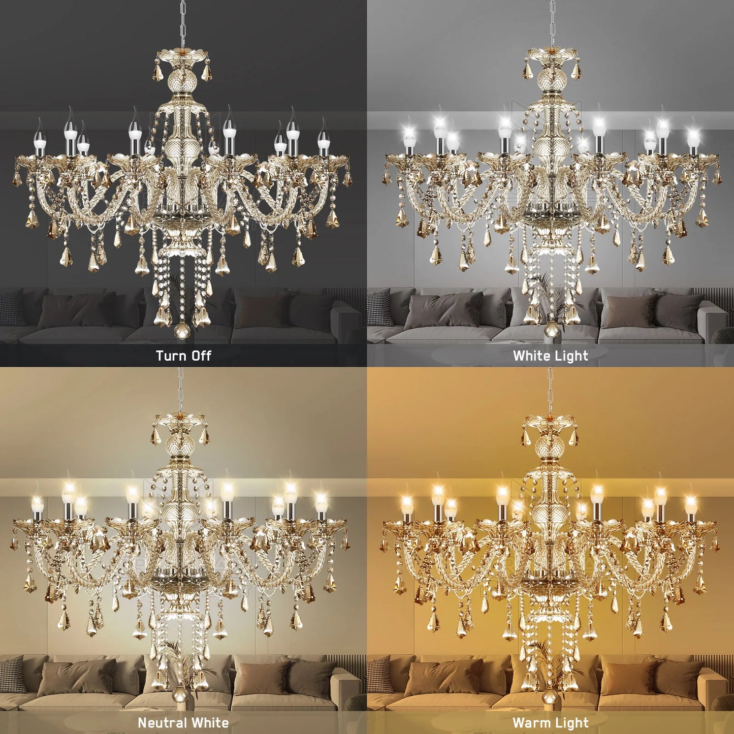 Elegant Glass Crystal Chandelier Ceiling Pendant Lighting Decor 10-Light Golden Hanging Lamp For Living Room Bedroom Room Lobby