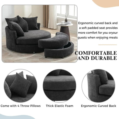 Swivel Round Barrel Chair with Storage Ottoman and 4 Movable Pillow Backrest,360° Round Rotating Sofa Chair,Barrel Chair