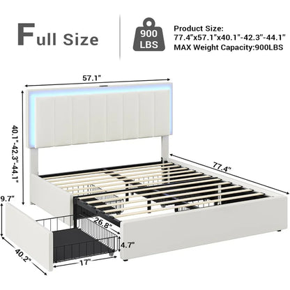 bed，Full Bed Frame with4Storage Drawers,LED Light Full Size Platform Bed withCharging Station,Artificial LeatherUpholstered Bed