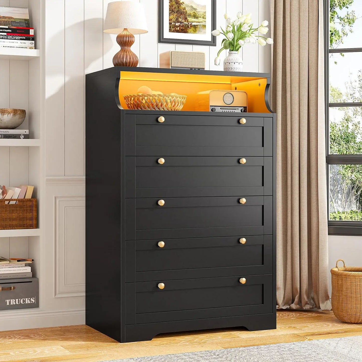 Dresser for Bedroom with LED, Bedroom Dressers & Chests of Drawers, Tall Dresser with 5 Wood Drawers and Metal Handles 48.4" H