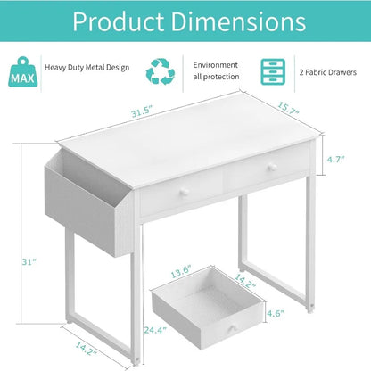 Petit bureau blanc avec tiroirs - pour chambre à coucher, bureau d'ordinateur de bureau à domicile de 32 pouces, table de bureau, bureau d'angle