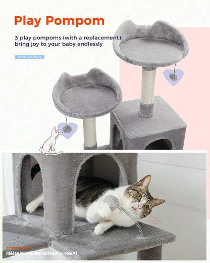 H160CM Multi-Level Cat Tree Tower Scratching Post for Indoor House Kitten Toy Cozy Condo Cat Hammock and Wide Top Perch 2 Colors