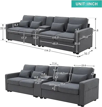 104" Linen Fabric Sofa with Armrest Pockets and 4 Pillows, Minimalist Style 4-Seater Couch for Living Room, Apartment, Gray