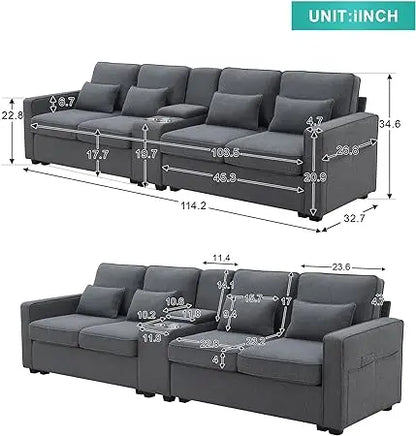 104" Linen Fabric Sofa with Armrest Pockets and 4 Pillows, Minimalist Style 4-Seater Couch for Living Room, Apartment, Gray