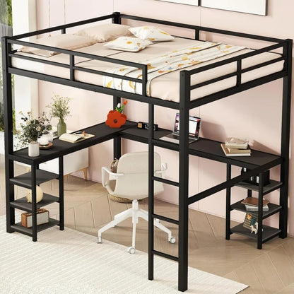 Full Size Loft Bed with Desk and Storage Shelves, Heavy Duty Metal Loft Bed with L-Shaped Desk and Ladder, Full Size Loft Bed