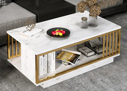 Mesa de centro moderna de dos niveles en blanco y dorado con revestimiento de mármol de alto brillo, rectangular, para sala de estar, mesa de sala de espera