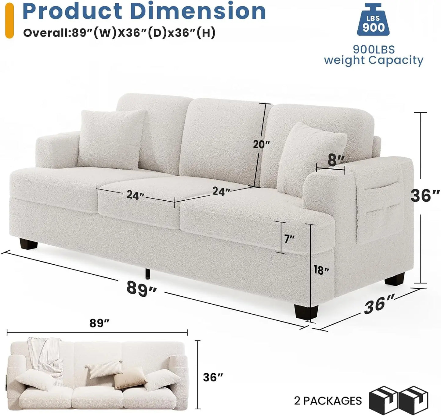 KKL Deep Seat Sofa 89" with Throw Pillow, Modern Sofa, Couches for Living Room, Comfy Sofa, Sleeper Couch, Bouclé, Offwhite