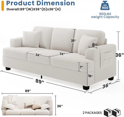 KKL Deep Seat Sofa 89" with Throw Pillow, Modern Sofa, Couches for Living Room, Comfy Sofa, Sleeper Couch, Bouclé, Offwhite