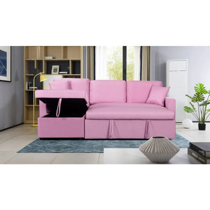 82" L-Shape Sofa Reversible Sleeper, Pull Out Bed, Storage Chaise and Arms, Corner Couch for Living Room, Linen Sectional Sofa