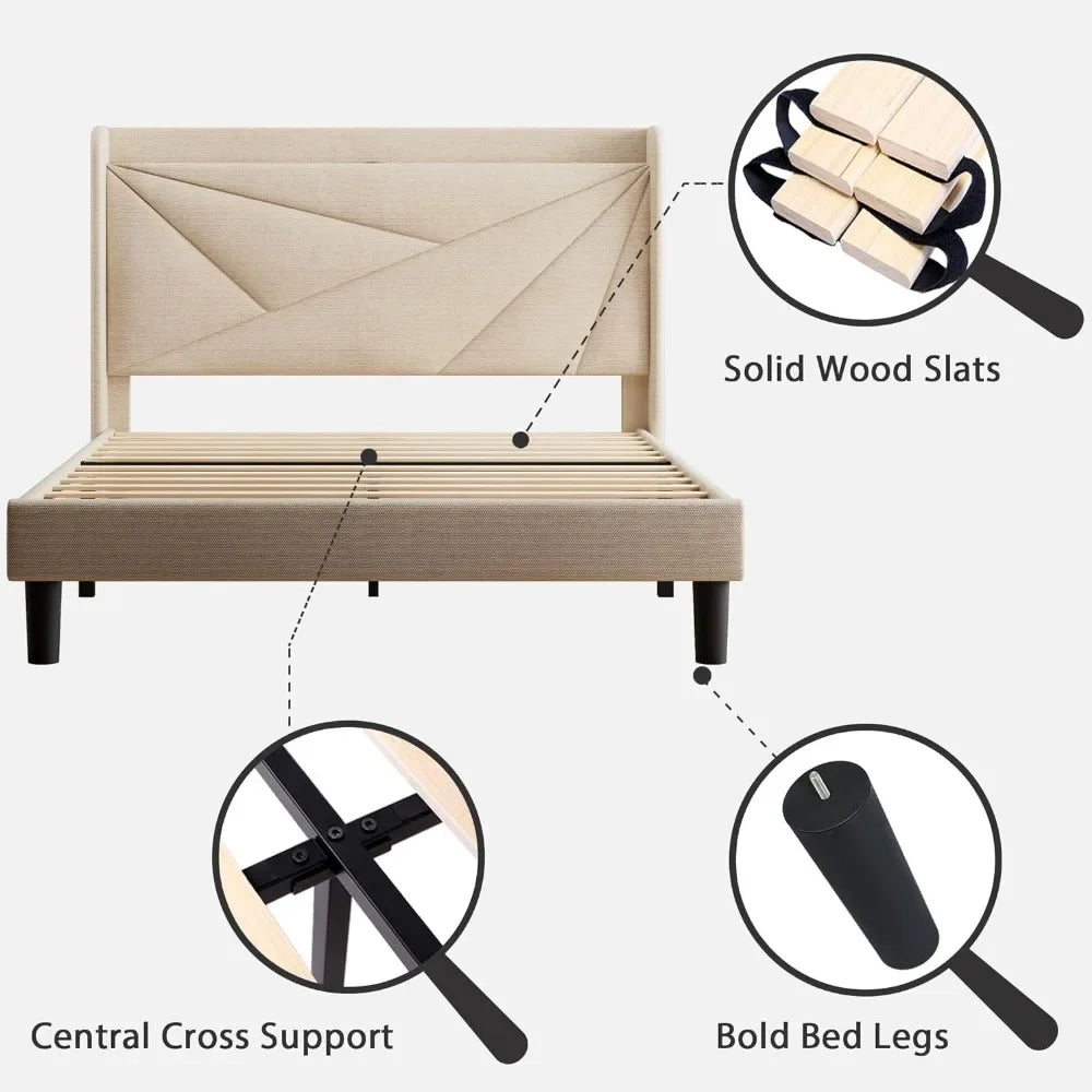 King-size bed frame with C-shaped and USB ports, padded platform bed frame with wingback storage headboard