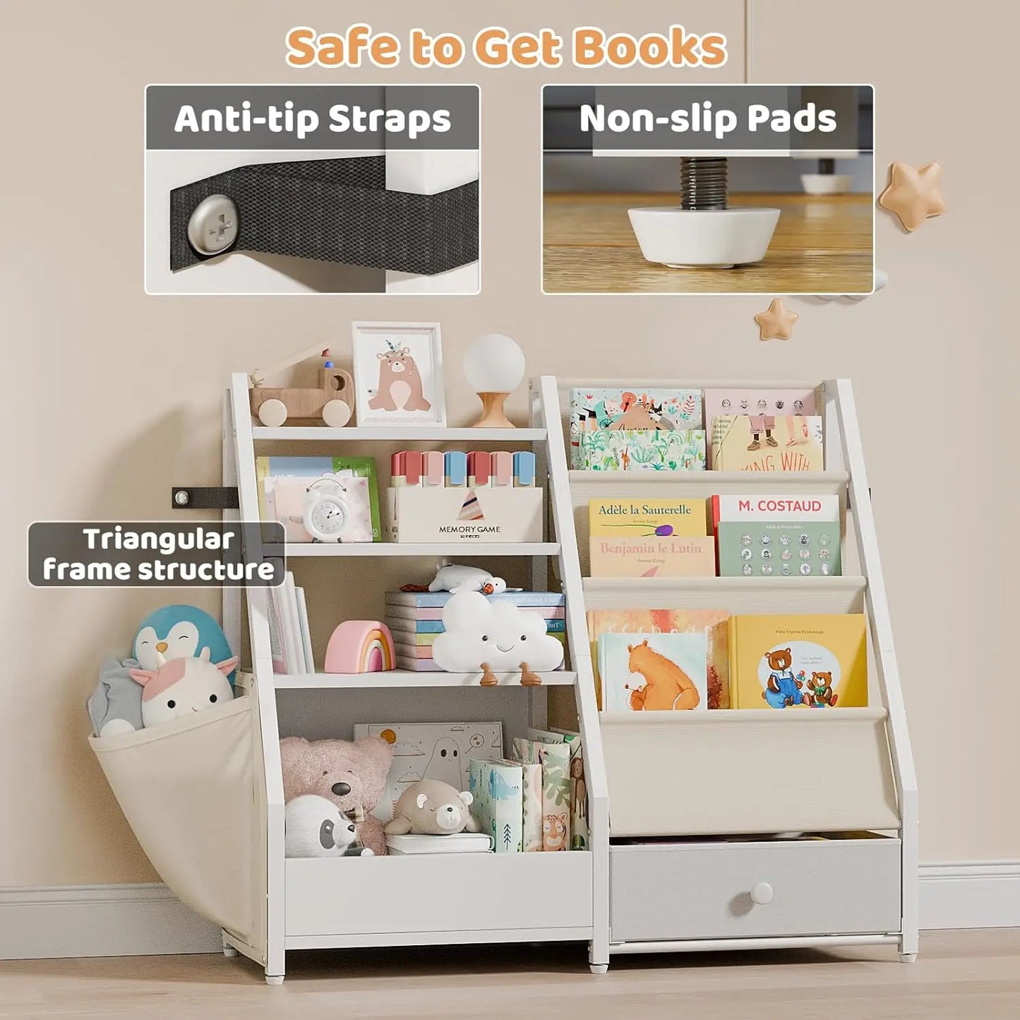 Kids Bookshelf & Toy Storage Toddler Bookshelf Baby Bookcase for Nursery Montessori Toy Organizer, White