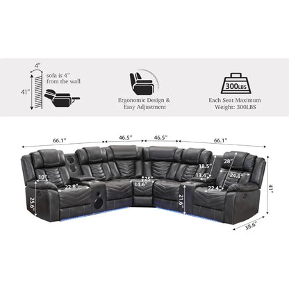 Sillón reclinable, sofá seccional reclinable eléctrico con altavoz de graves, sofá seccional reclinable con luz LED, cuero sintético