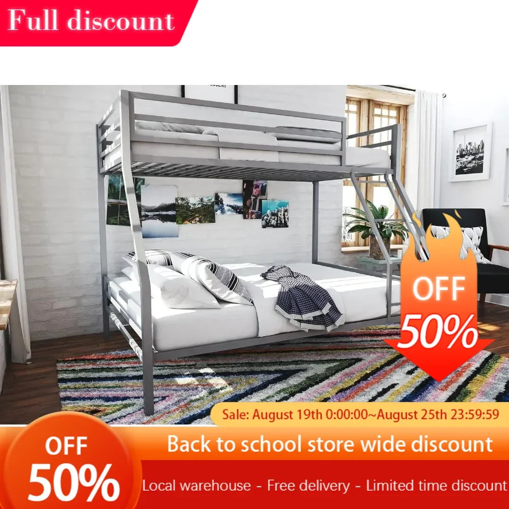 Bunk Bed Sturdy Metal Frame Construction with Slats and Side Rails Safety Rails on Top Bunk Easy To Assemble Twin/Full Grey