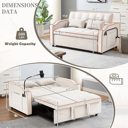 Canapé-lit convertible 3 en 1 en velours avec port USB et Type C, canapé-causeuse futon confortable avec dossier réglable, support de téléphone et porte-gobelet