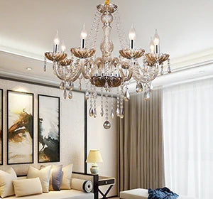 TRY-YEAN Cognac Crystal Glass Chandelier 8 Arms Chandelie Glass Living Room Bedroom Wedding Decor Hanging Lamp Lobby Suspension