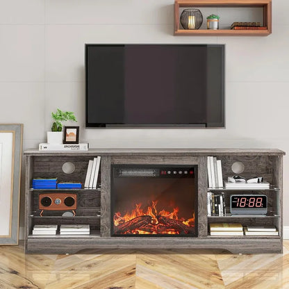 Fireplace TV Stand with 18''Fireplace, Modern Entertainment Center for TVs up to 65 inch, Media TV Console with Adjustable Glass