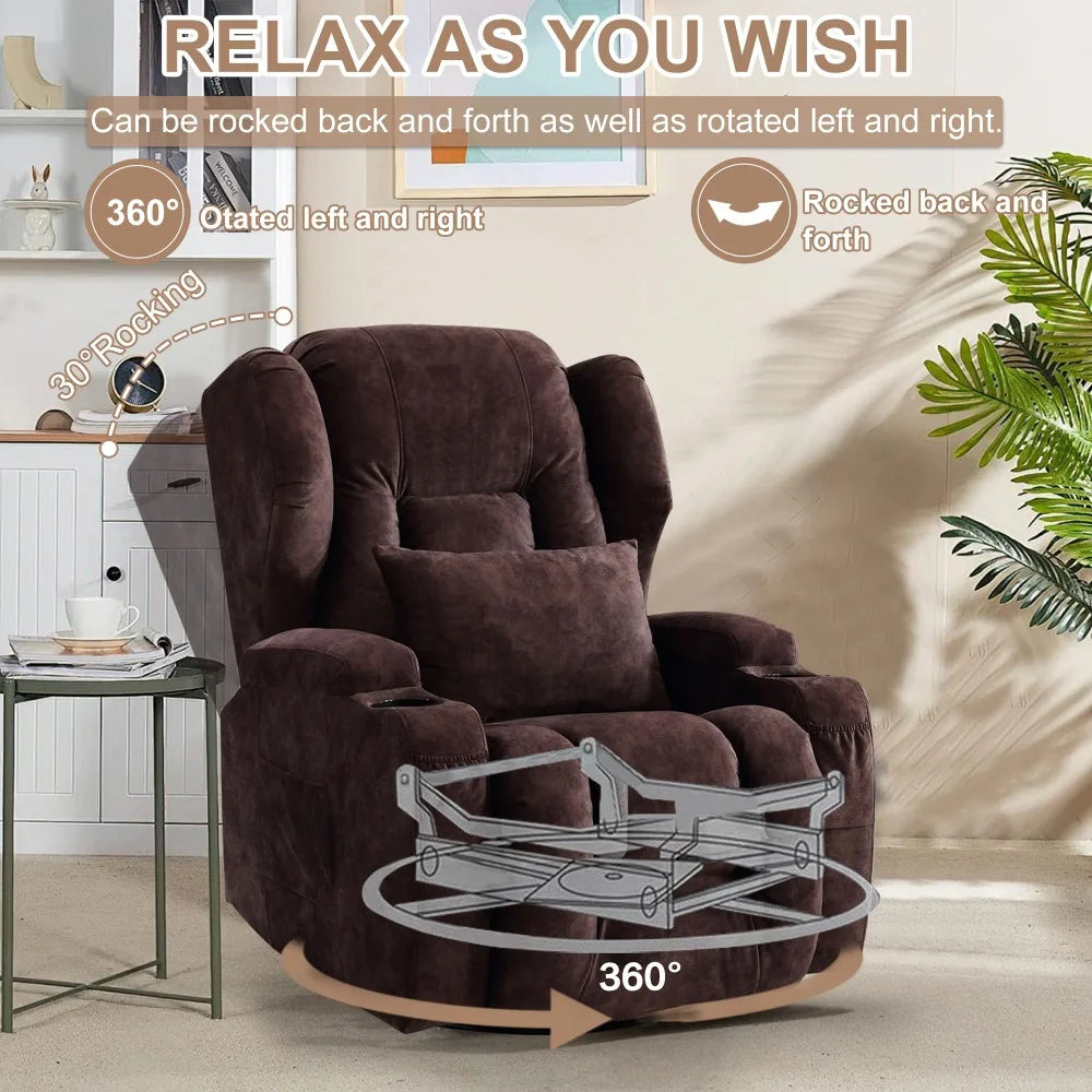 Swivel Rocker Recliner Chair, Wingback Design Manual Glider Rocking Chair Swivel Lounge Chair with Lumbar Pillow, Cup Holders