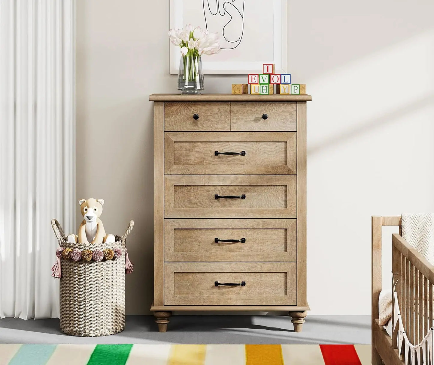 Oak Dresser for Bedroom with 5 Drawers, Tall Kids Dressers with Wide Chest of Drawers, Wooden Closet Storage Organizer