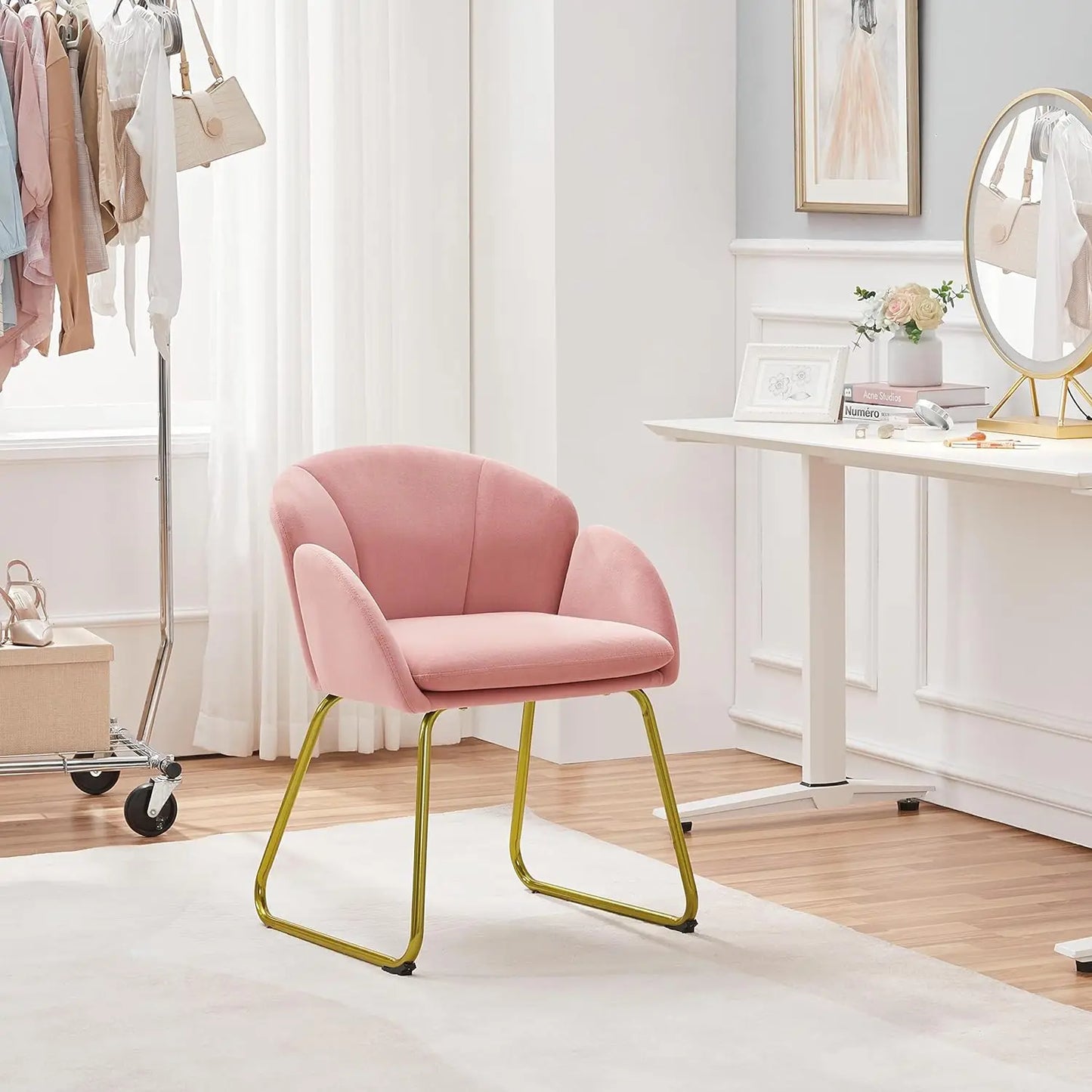 Fauteuil en velours en forme de fleur, chaise d'appoint moderne avec pieds en métal doré pour salon/dressing/chambre/maison