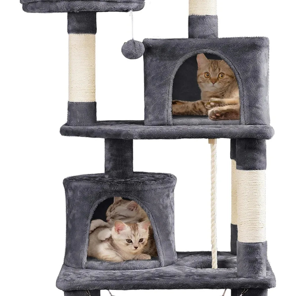 Arbre à chat de 62,2 pouces, tour à chat, condo pour chat avec plate-forme et hamac, poteaux à gratter pour chatons, maison de jeu pour animaux de compagnie avec perchoir en peluche