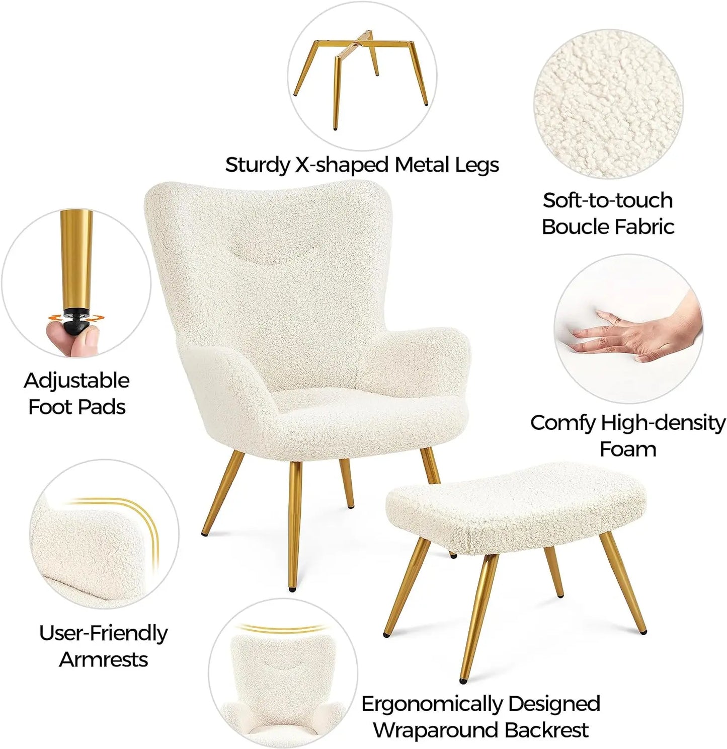 Accent Chair and Ottoman Set, Sherpa Armchair with Golden Metal Legs and High Back, Footstool for Living Room, Lounge, Ivory