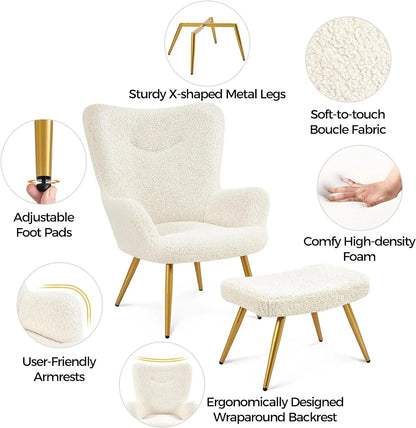 Accent Chair and Ottoman Set, Sherpa Armchair with Golden Metal Legs and High Back, Footstool for Living Room, Lounge, Ivory