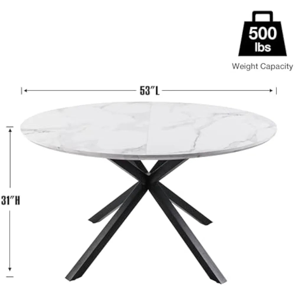 Table à manger ronde blanche de 53 po sur piédestal en bois de style campagnard moderne du milieu du siècle, table de cuisine en faux marbre, table de salle à manger