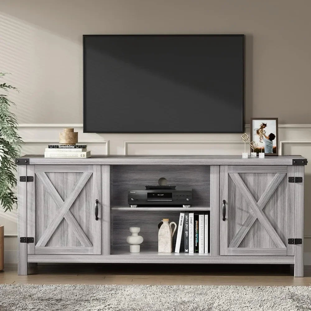 Modern Farmhouse TV Stand w/Two Barn Doors & Storage Cabinets for Televisions up to 65+ Inch, Entertainment Center Console Table