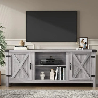 Mueble de TV estilo granja moderno con dos puertas estilo granero y gabinetes de almacenamiento para televisores de hasta 65 pulgadas o más, mesa consola central de entretenimiento