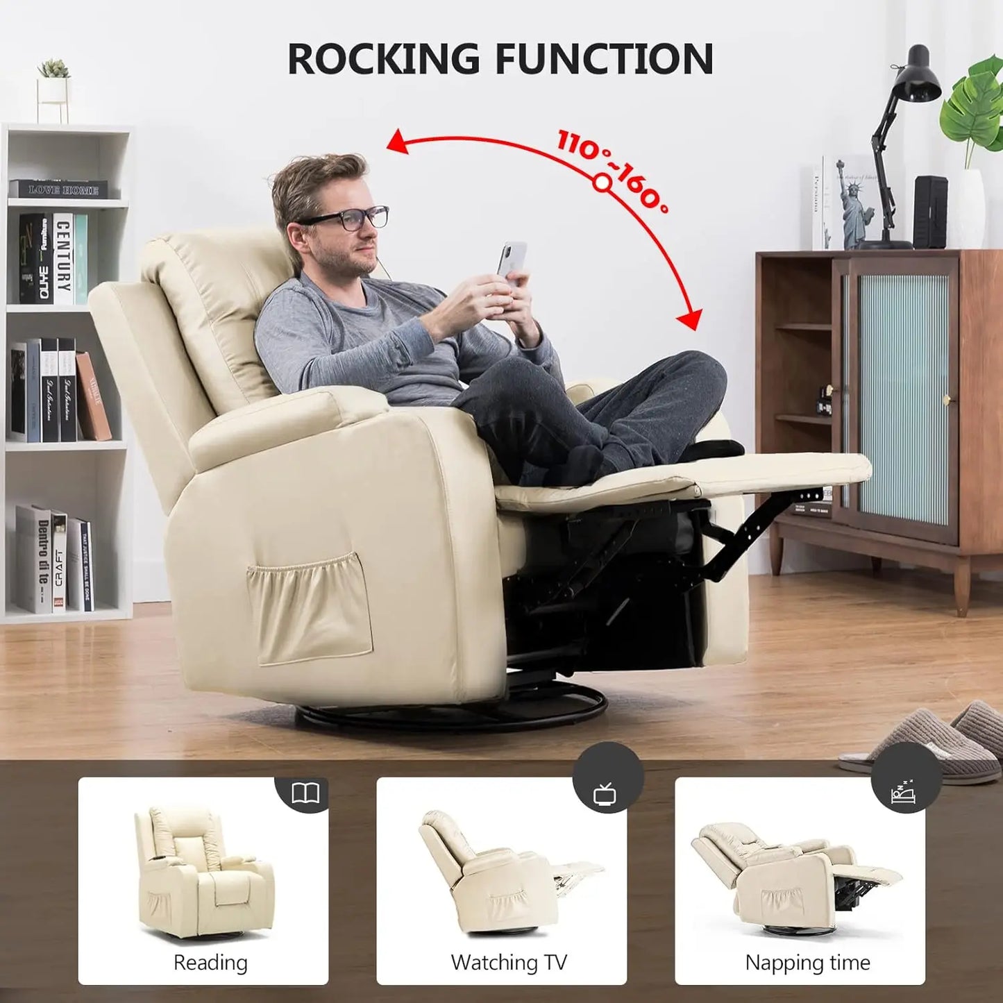 Sillón reclinable masajeador mecedora con asiento de sofá giratorio de 360 ​​grados de cuero PU calefaccionado