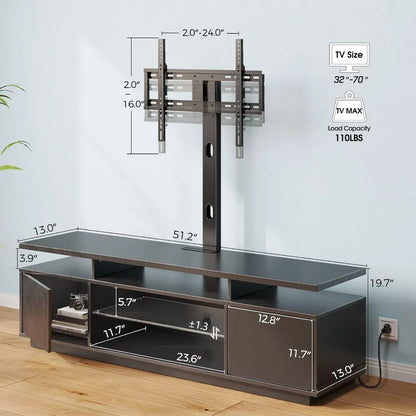 TV Stand with Mount Power Outlet 51.2", Swivel, Height Adjustable with Storage & LED Lights for 32/45/55/60/65/70 inch TVs