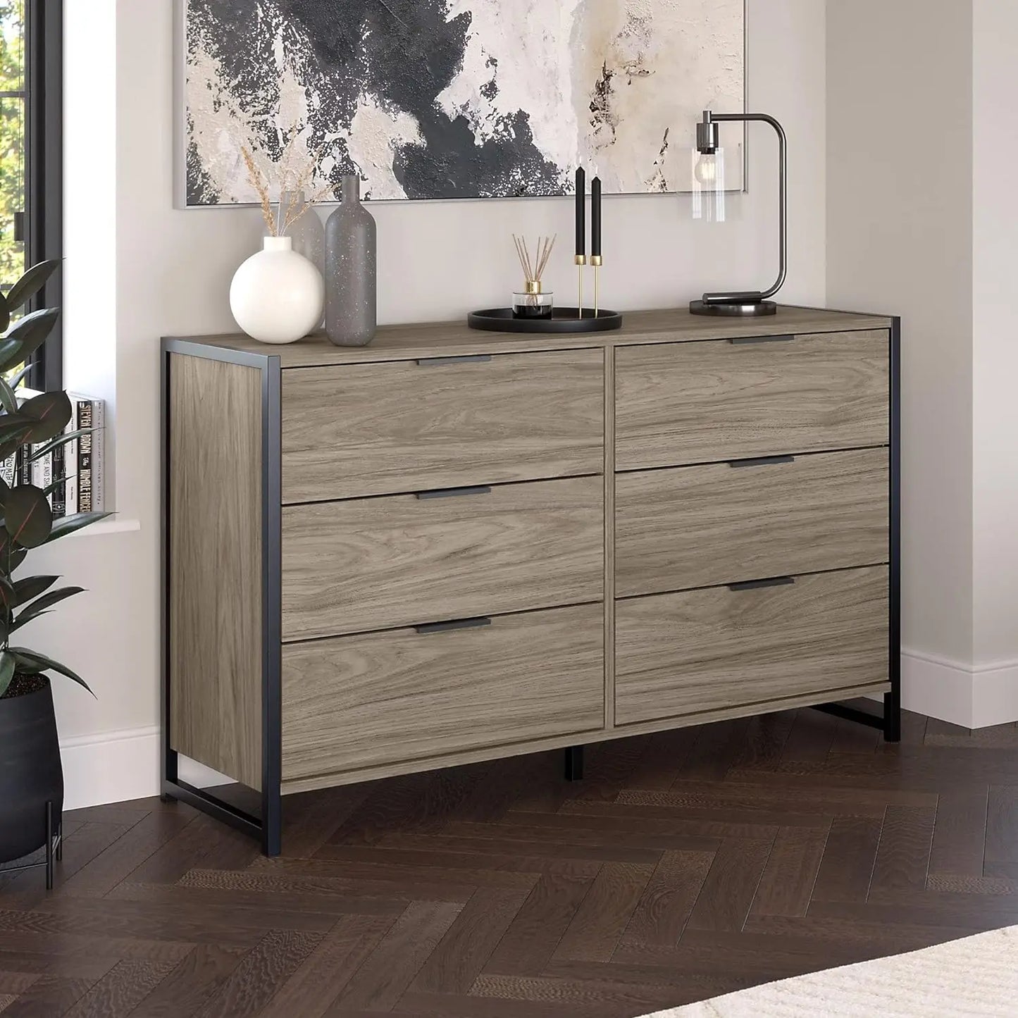 6 Drawer Dresser,  Freestanding Dresser, for Bedroom, 16.85"D x 57.13"W x 34.09"H, Modern Hickory