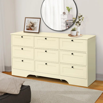 9 Drawer Dresser, White Long Dresser for Bedroom, Modern Wood Wide Dresser, Large Storage Chest of Drawers for Living Room