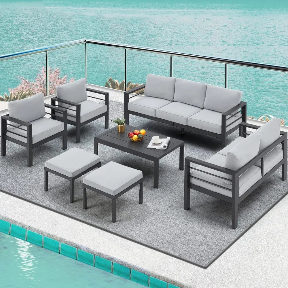 Aluminium Patio Furniture Set, Modern Outdoor Patio Furniture with Coffee Table, Set of 7 with Grey Cushions，Light Grey