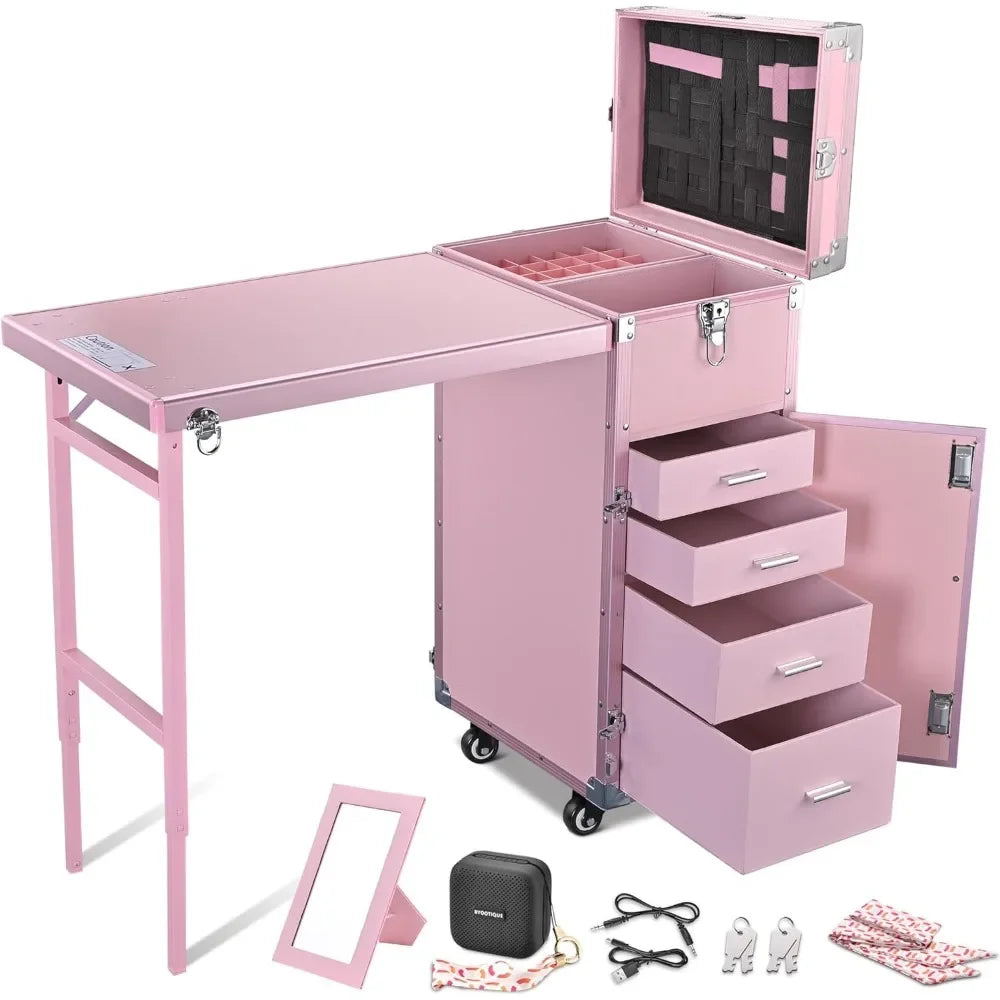 Rolling Manicure Table Foldable Nail Table Makeup Train Case with Desk Cosmetic Trolley Travel Storage Organizer with Speaker.