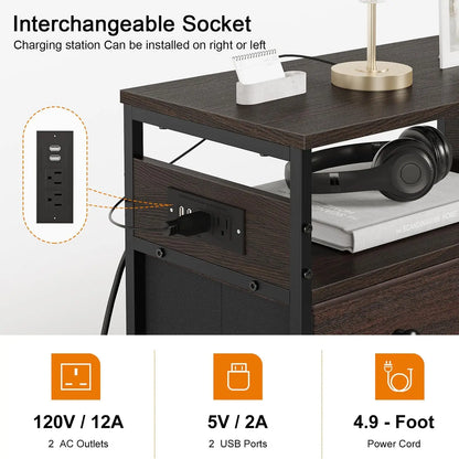 Table de chevet avec station de charge, table de chevet avec 4 tiroirs et étagère à 2 niveaux, table d'appoint moderne avec plateau en bois pour Be