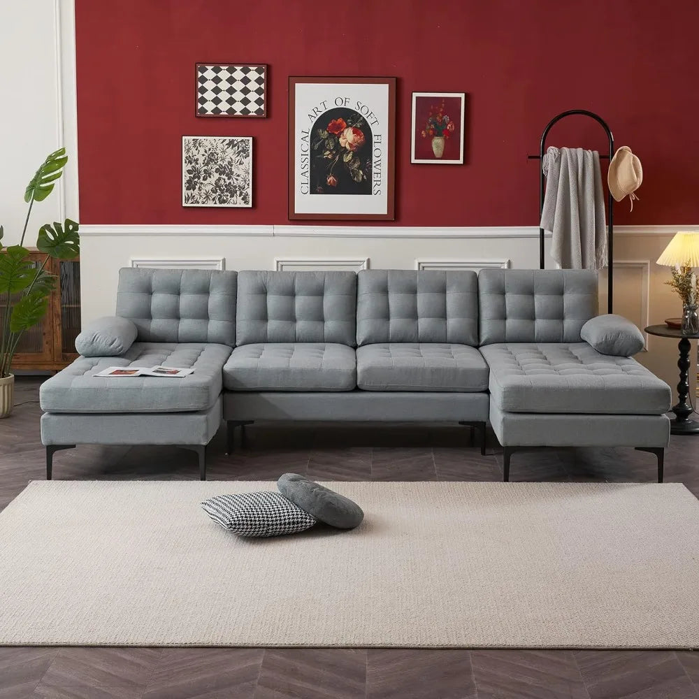 Convertible Sectional Sofa with Double Chaises & Metal Legs, 110" U-Shape Sofa Couch Linen Fabric Upholstered Sectional Sofa