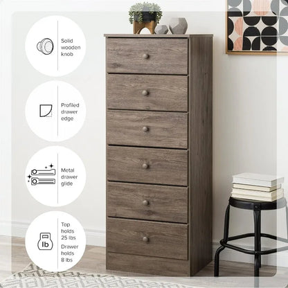 Astrid Tall White Dresser: 16"D x 20"W x 52"H, 6-Drawer Chest for Bedroom by Prepac - Perfect Chest of Drawers for Ample