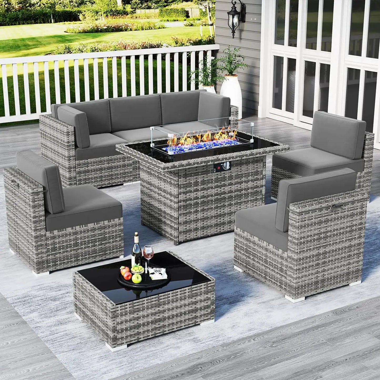 Juego de muebles de patio de 8 piezas con mesa para fogata a gas propano de 44", juego de sofá de mimbre y ratán y mesa de centro Rattan Möbel