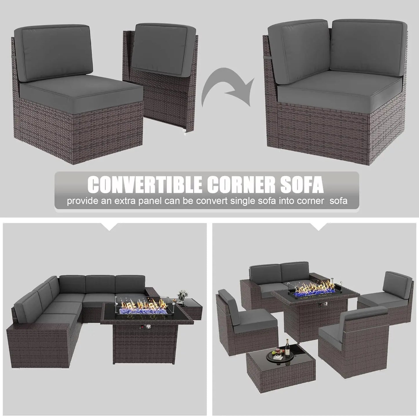 8 Piece Patio Furniture Set with 44" Propane Gas Fire Pit Table, Set Wicker Rattan Sofa Set and Coffee Table Rattan Möbel