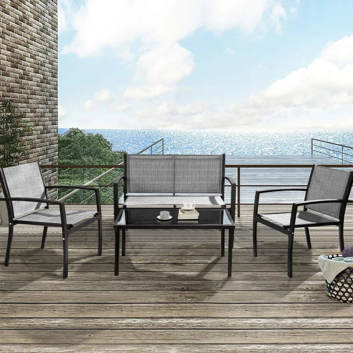 4 Pieces Outdoor Patio Furniture Conversation Glass Coffee Table Bistro Set with Loveseat Garden Yard Lawn and Balcony