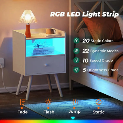 Table de chevet avec station de charge et lumières LED, ensemble de 2 tables de chevet, tables d'appoint avec tiroir