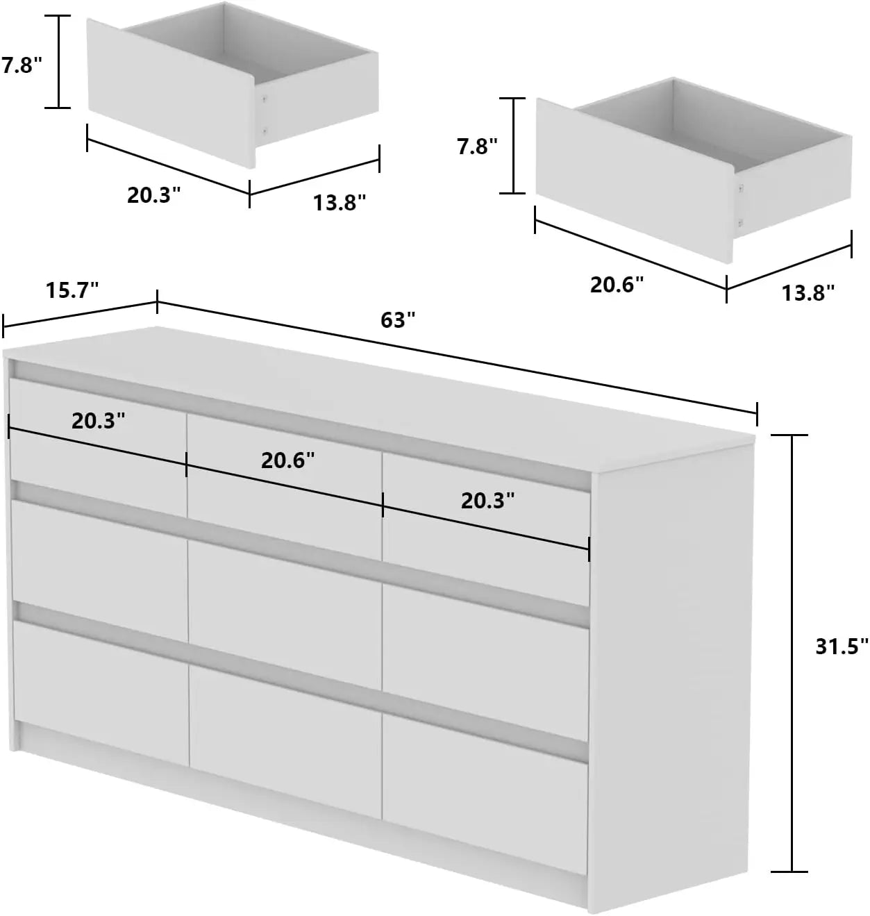 Commode double à 9 tiroirs, commode moderne en bois avec grand espace de rangement pour chambre à coucher,