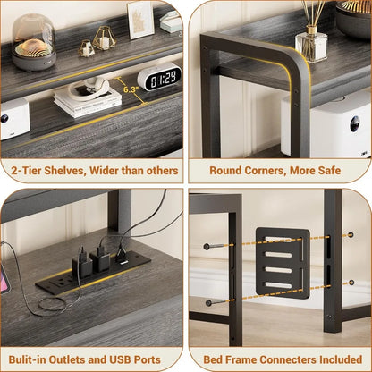 Headboard for Queen Size Bed Frame, Headboards with Outlets, USB Ports and LED Light, Head Board with Storage, Height A