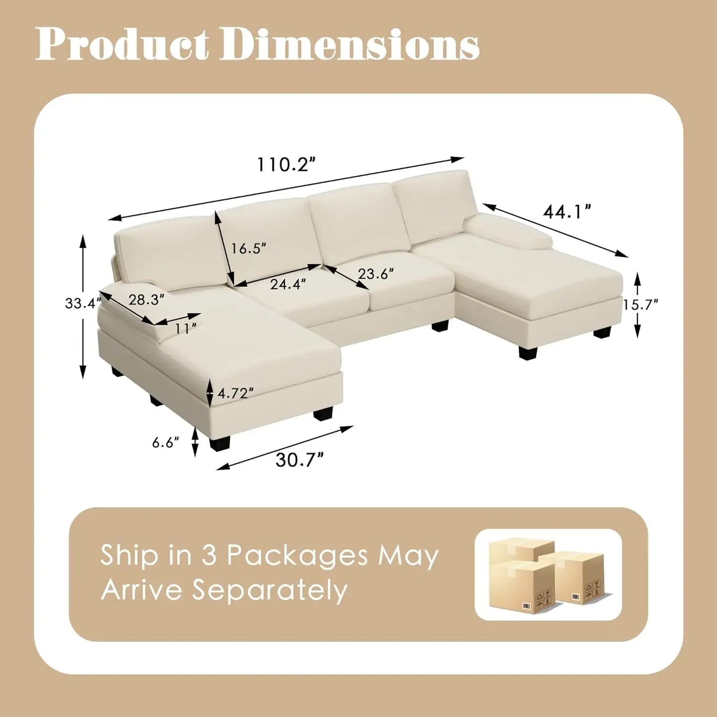 Convertible Sectional Sofa Couch, 4 Seat Sofa Set for Living Room U-Shaped Modern Fabric Modular Sofa Sleeper with Double Chaise