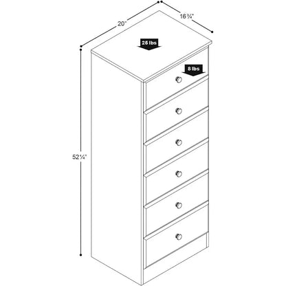 Cómoda alta blanca Astrid: 16" de profundidad x 20" de ancho x 52" de alto, cómoda de 6 cajones para dormitorio de Prepac: cómoda perfecta para un amplio espacio