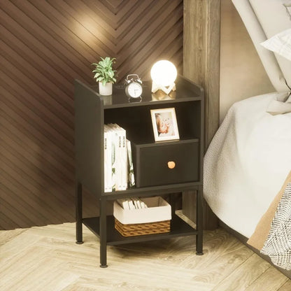 Nightstand with Charging Station,Storage Drawer,Modern 3-Tier End Side Table,Small Wood Bedside Table for Bedroom,Living Room