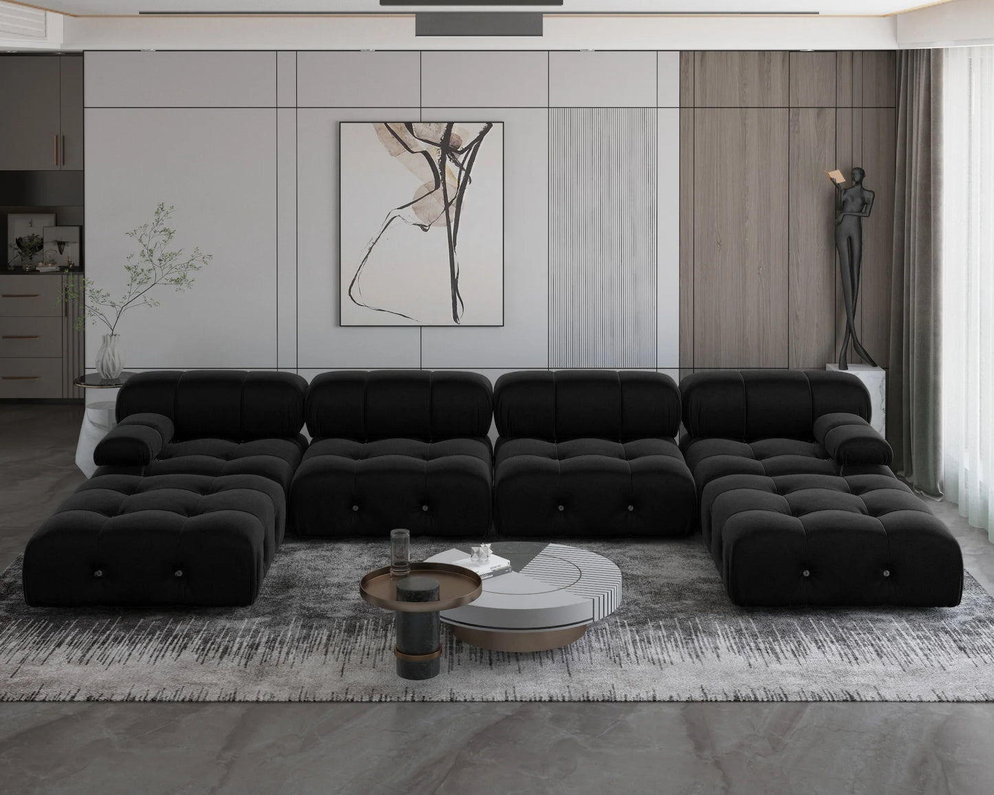 Minimalist Sectional Sofa for Living Room Black Velvet Fabric Modular Couches with Ottomans Comfortable Lounge Couch Sofas Sets