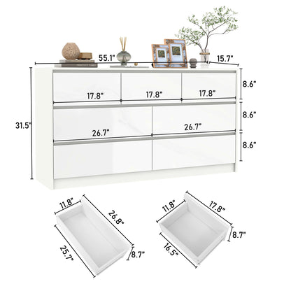 Commode à 7 tiroirs pour chambre à coucher, commode moderne de 55 pouces avec tiroirs brillants, grande commode en bois, blanc/noir