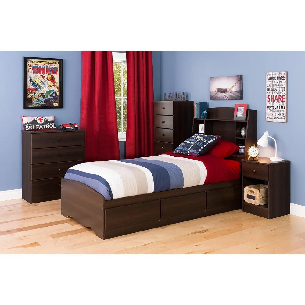 Twin Size Headboard with 4 Compartments, Espresso, Functional Bookcase Headboard for Twin Size Beds